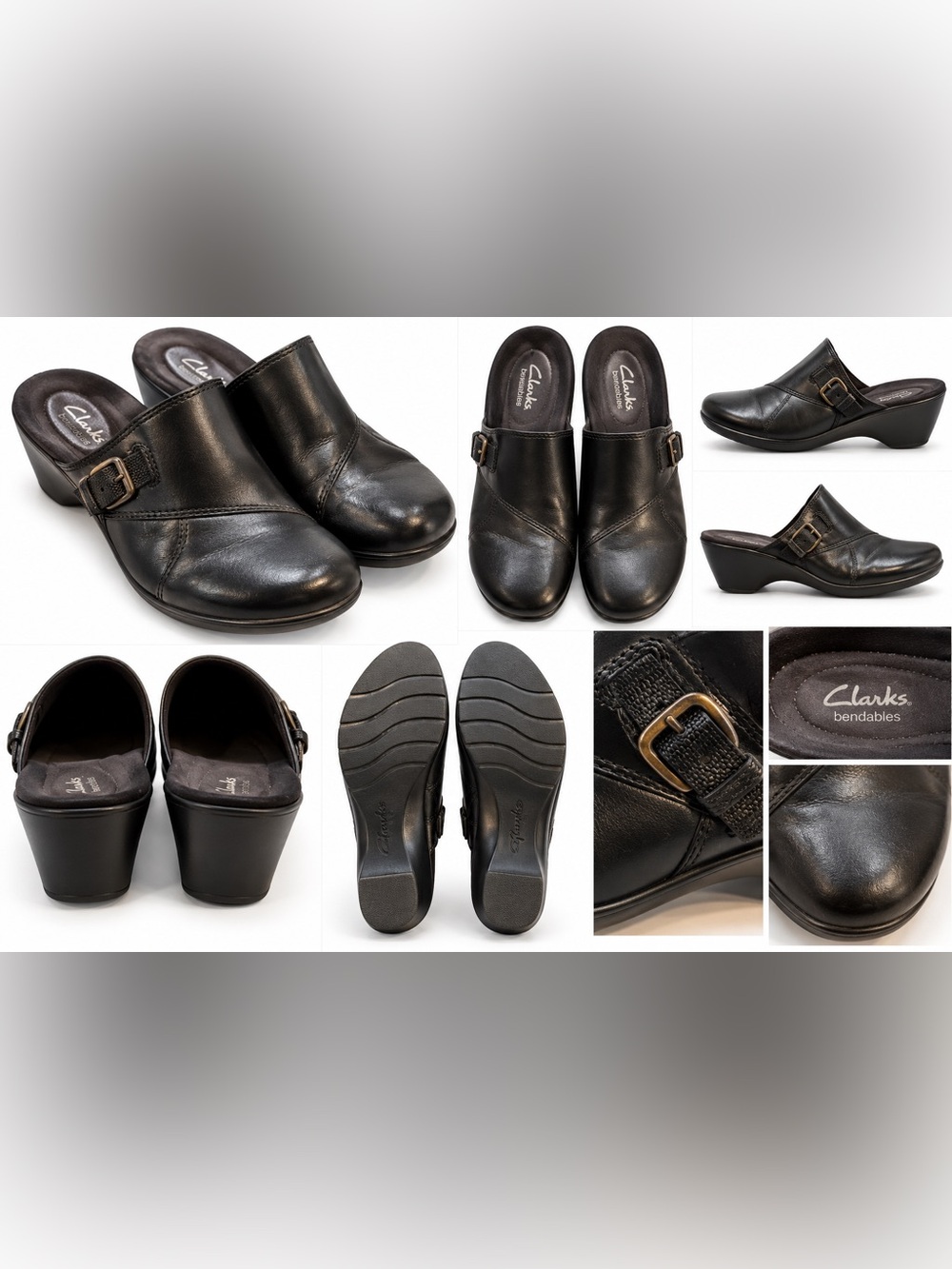 Clarks Bendables Black Leather Mule Clogs Size 8.5